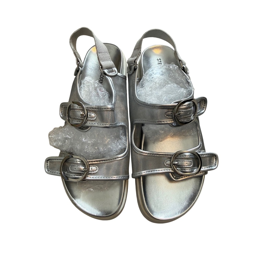 Steve Madden Silver Mesh Platform Sandals Sz 5 Shiny Buckles + Chunky Sole, EUC‎